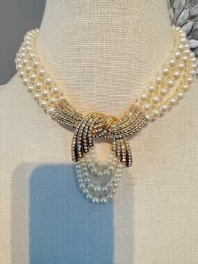 Vintage Faux Pearl Rhinestone Bow Statement Necklace